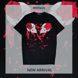 ผ้าฝ้ายคอกลม5THYORK เสื้อยืดลายสกรีน Skull Rosefrom S-4XL