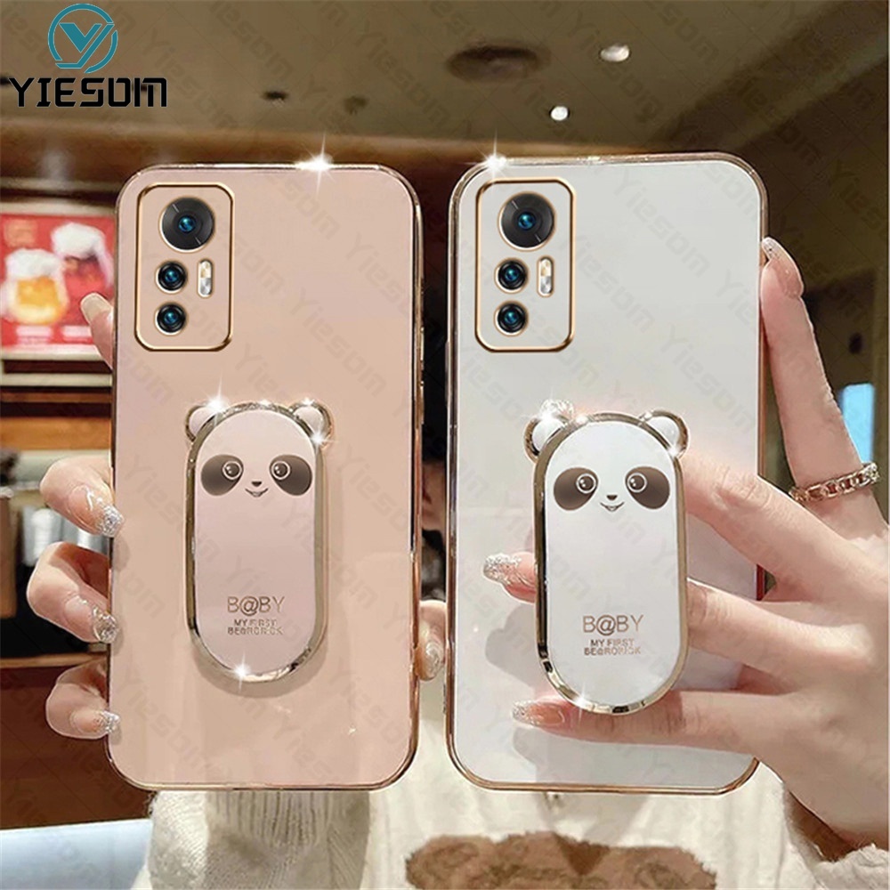 เคสโทรศัพท์มือถือ ซิลิโคนนิ่ม ทรงสี่เหลี่ยม ลายการ์ตูนหมีน่ารัก พร้อมขาตั้งพับได้ สําหรับ Xiaomi 12 11T 10T 12T Pro Mi 11 12 Lite 5G NE
