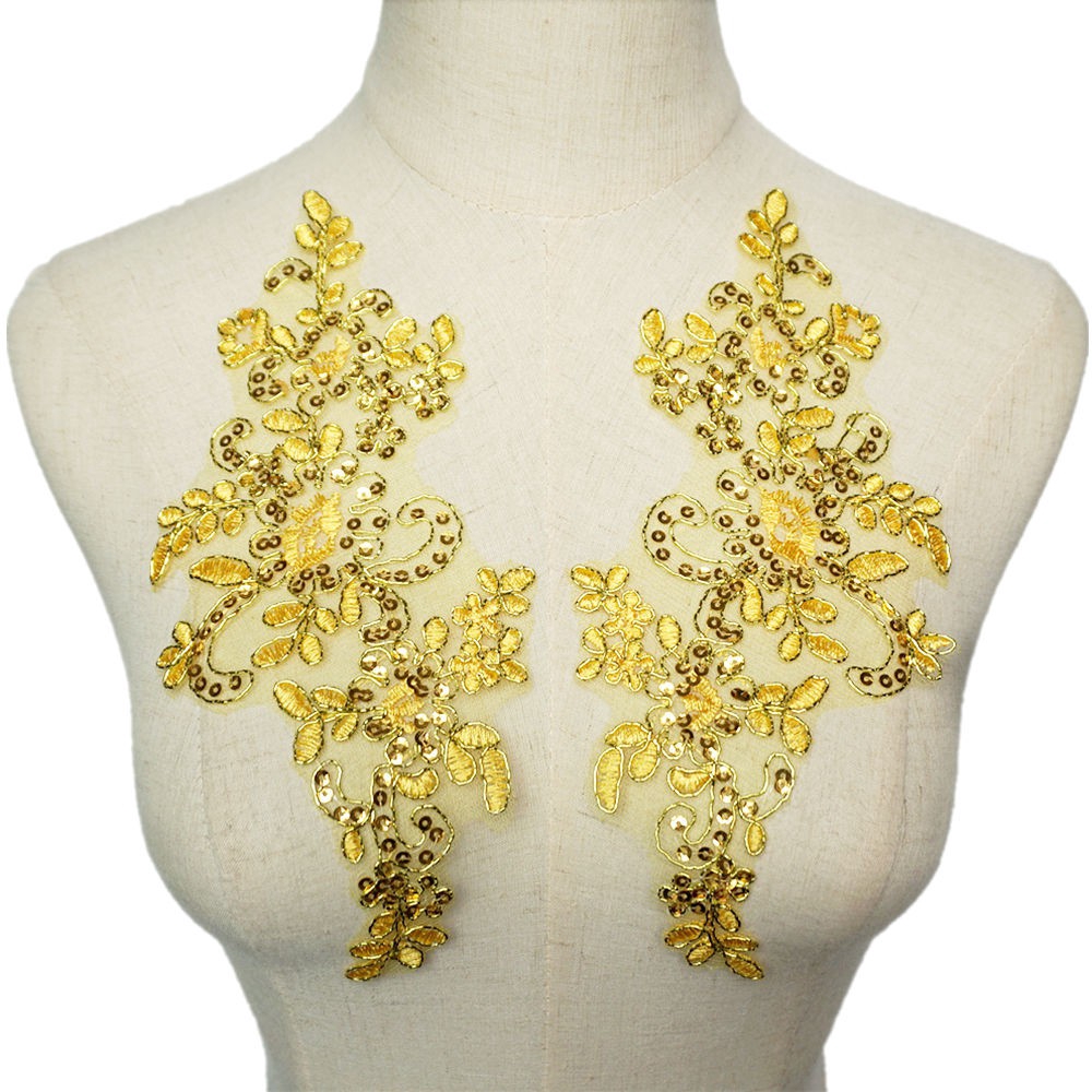 2 ทองเย็บปักถักร้อยเลื่อมดอกไม้ลูกไม้ แอพพลิเคชั่น เย็บปกแพทช์เสื้อผ้างานแต่งงานผ้า ทําเอง งานฝีมือ