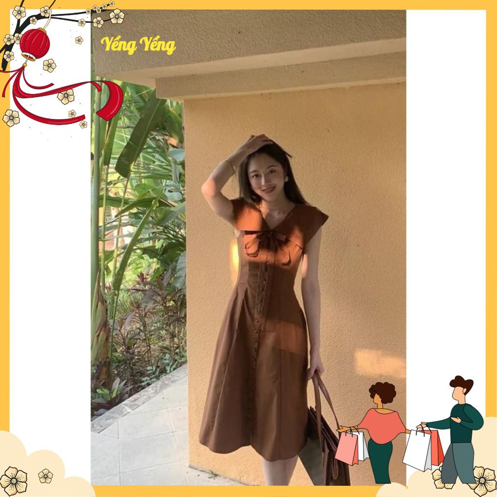 VNU202 - ชุดสีน้ําตาลคอปกโบว์กระดุมแนวตั้ง