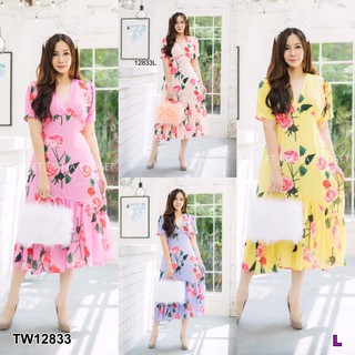 SS12833 Dress #สาวอวบ เดรส คอวี แต่งระบาย ลายดอกกุหลาบ