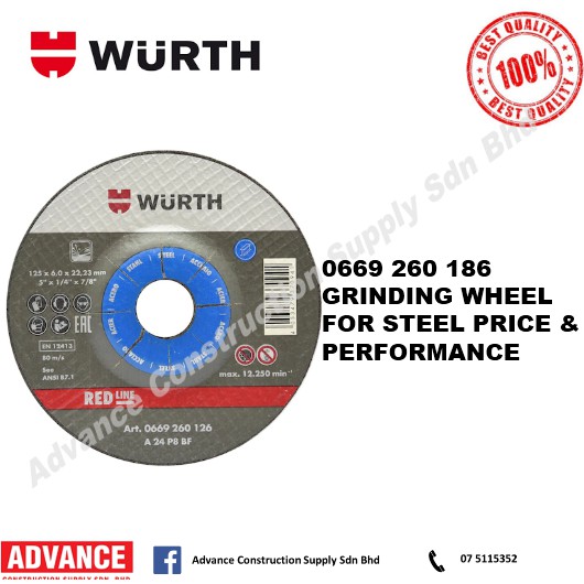 WURTH อุปกรณ์เสริม 0669 260 186 แผ่นเจียรสําหรับเหล็ก 180 x 6.0 x 22.23 มม.