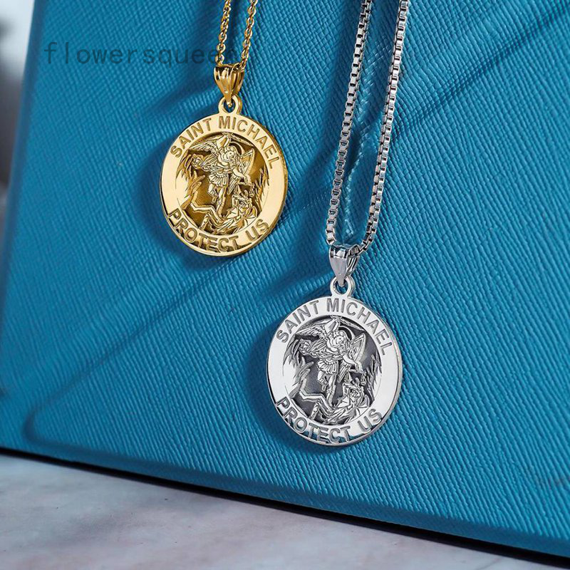 flowersqueen Round St. Christopher Pendant Necklace Medal Solid Men's Stainless Steel Chain Pendant Necklace