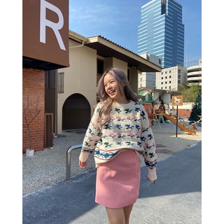 chuuchop_พร้อมส่ง(C7479)(C7480) 🌷🎟 TILLY PINK sweater &amp; skirts เสื้อสเวตเตอร์แขนยาวลายดอกทิวลิป&amp;กระโปรงสั้นทรงเอสีชมพู