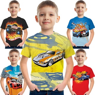 Hot Wheels เสื้อยืดลําลอง แขนสั้น พิมพ์ลายการ์ตูนรถยนต์ แฟชั่นฤดูร้อน สําหรับเด็ก