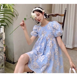 💙BLUE SKY Dress💙  มินิเดรสแขนตุ๊กตาโทนสีฟ้าผ้าลายสก้อตซับด้านใน เย็บผ้ามุ้งอีกชั้นด้านนอกเพิ่มความมุ้งมิ้ง