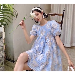 💙BLUE SKY Dress💙  มินิเดรสแขนตุ๊กตาโทนสีฟ้าผ้าลายสก้อตซับด้านใน เย็บผ้ามุ้งอีกชั้นด้านนอกเพิ่มความมุ้งมิ้ง