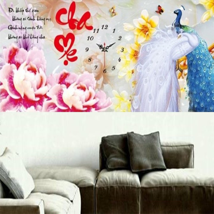 ภาพวาดหินพ่อแม่และนกยูงพร้อมนาฬิกา เลเวล077 - ขนาด: 103 * 50ซม. (ทาสีงานไม่ได้)