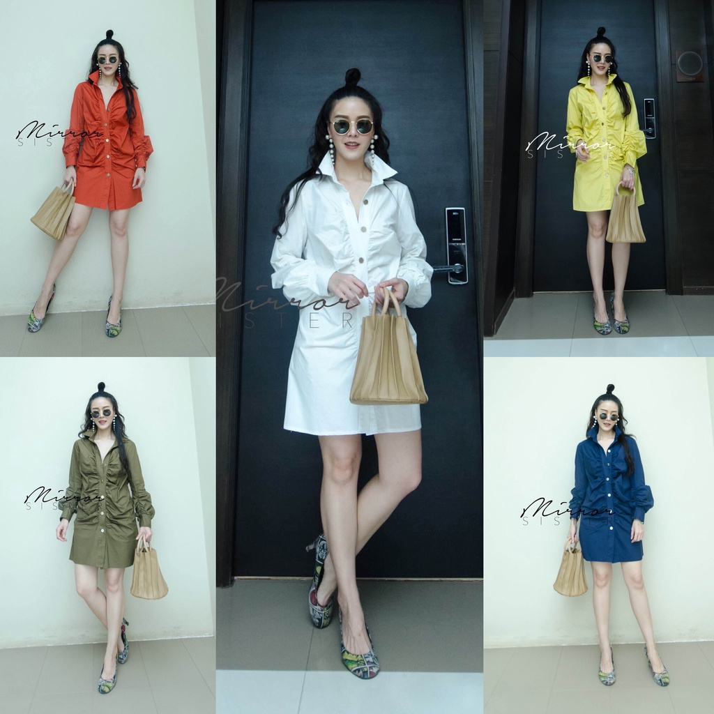 🏷Mirrorsister #30917.1 เดรสเชิ้ตตัวสั้นทรงเก๋ เดรสแขนยาว ตัวสั้น ชุดทำงาน ชุดไปเที่ยว ไปงาน
