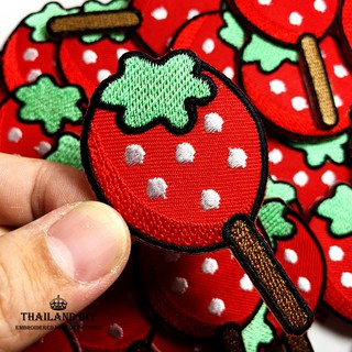 ตัวรีดติดเสื้อ อมยิ้ม สตรอว์เบอร์รี งานปัก การ์ตูน ขนม lollipop Strawberry Patch  wop DIY ตัวรีด อาร์ม ลาย สตอเบอรี่ แดง