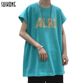 Suikone เสื้อผ้าผู้ชายฤดูร้อนใหม่เสื้อกั๊กคอกลมสีทึบพิมพ์ตัวอักษรเสื้อยืดแขนกุดนักเรียนแฟชั่นเสื้อกั๊กลำลองด้านนอก