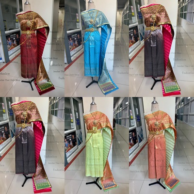 Set ชุดไทย 3 ชิ้น (ไม่รวมเครื่องประดับ) ชุดไทยแก้บน ชุดไทยถวาย ผ้าถุงหน้านาง พร้อม สไบพลีทผ้ามัน พร้อมส่ง 02
