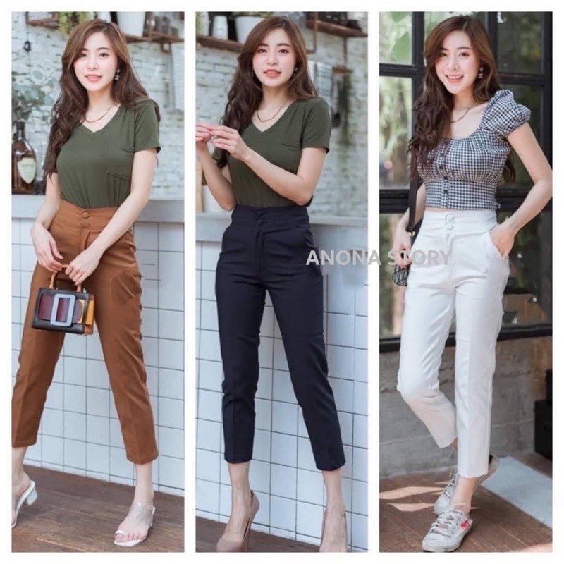 (A)กางเกงขายาว 8-9ส่วนกระดุมคู่ผ้าฮานาโก๊ะใส่ทำงานได้(งานป้าย) พร้อมส่ง