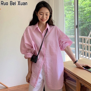 RUO BEI XUAN เสื้อเชิ้ตผู้หญิง เสื้อเชิ้ตลายสก๊อต ผ้าฝ้ายฟองสบู่