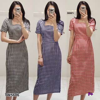 J5686 Dress เดรส ลายสก็อต แขนตุ๊กตา คอเหลี่ยม Plaid dress, doll sleeves, square neckline