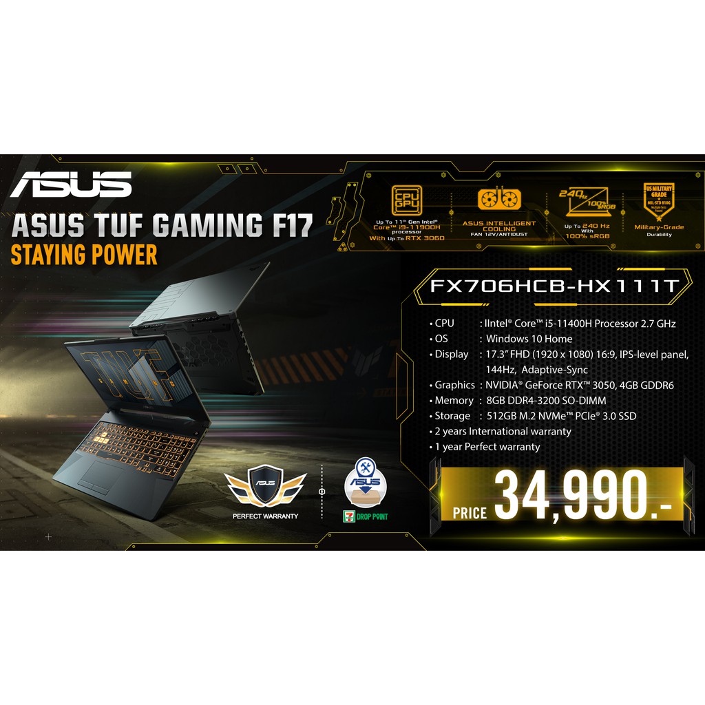 Asus TUF Gaming F17 (FX706HCB-HX111T) i5-11400H/8GB/512GB M.2 SSD/RTX3050 4GB/17.3"FHD144Hz/Win10