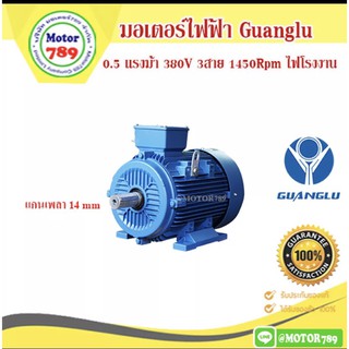 มอเตอร์ไฟฟ้า ยี่ห้อ GUANGLU 0. 5แรงม้า 4Pole (1450รอบ) ขาตั้ง    B3 ไฟ 220/380V.  ไฟโรงงาน เสื้อเหล็กหล่อ