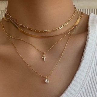 seadada  สร้อยคอมินิมอลสไตล์เกาหลี จี้ไม้กางเขน 14k Zircon Cross Necklace