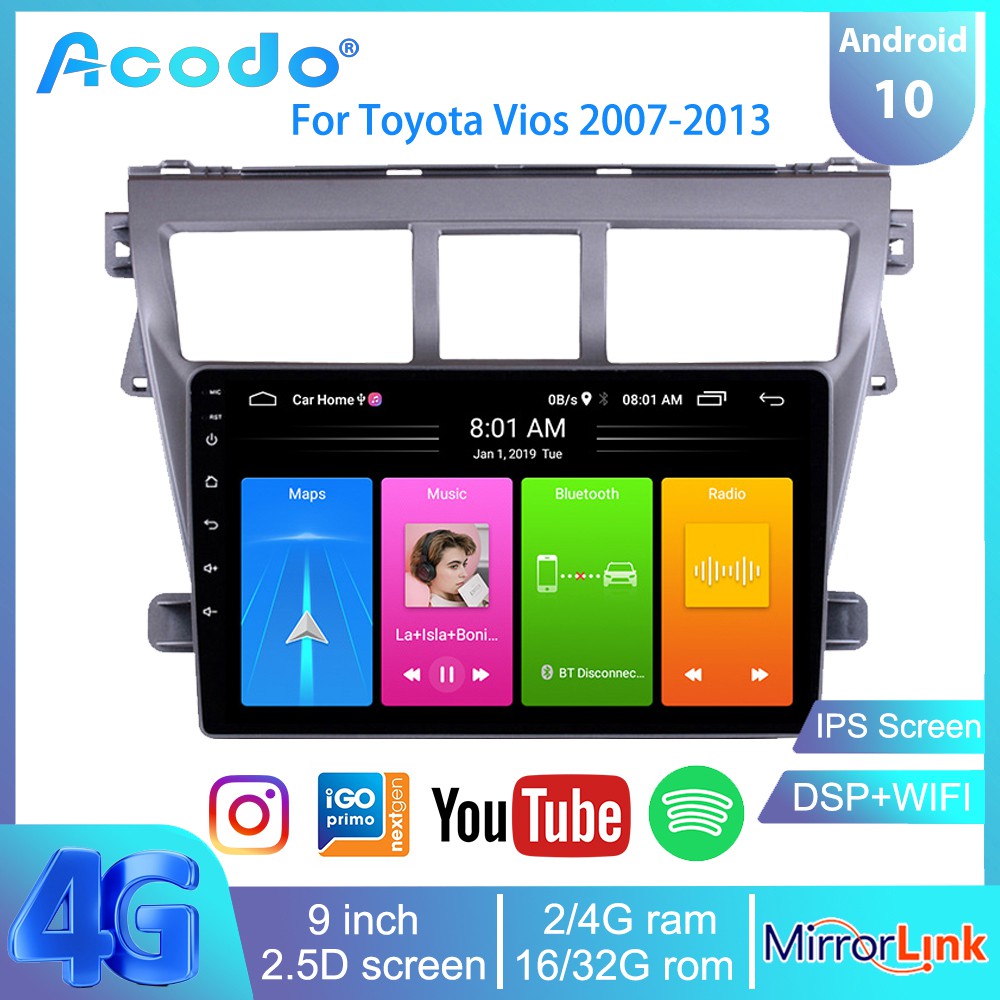 Acodo เครื่องเล่นมัลติมีเดีย วิทยุรถยนต์ หน้าจอสัมผัส 10 นิ้ว 2G RAM 32G ROM Android 12.0 2.5D IPS สําหรับ Toyota Vios 2007-2013 Navigation 2 Din