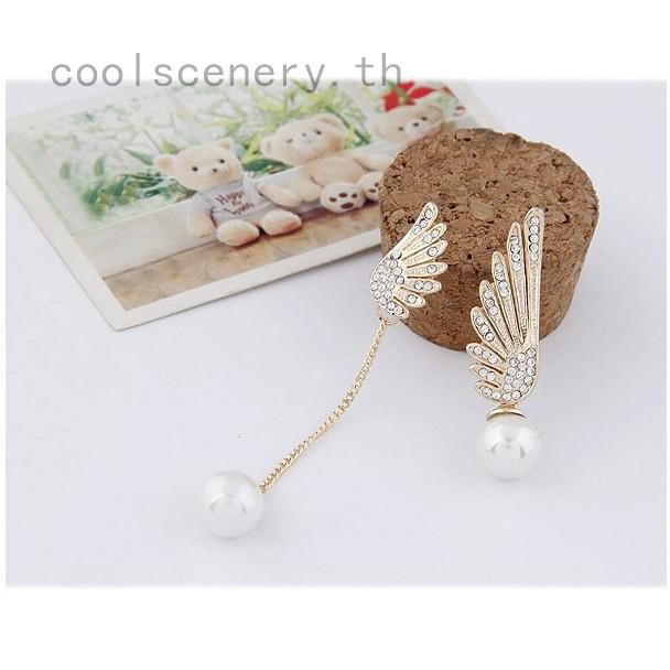 Women Elegant Gold Plated Earings Double Wings Stud Earrings Pearl Hook Earrings Lamaran (Color: Gold)