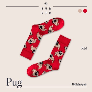 Pug &lt;Red&gt; ถุงเท้าแฟชั่น ลายหมาปั๊ก สายคิ้วท์ สายสตรีท ถุงเท้าครึ่งแข้ง ราคาถูก คุณภาพดี