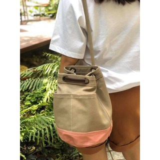 Mini Khaki/pink Canvas Bucket Bag with strap /กระเป๋าผ้าแคนวาสทรงขนมจีบ  สะพาย หรือ ถือ ก็ได้ underlinebags