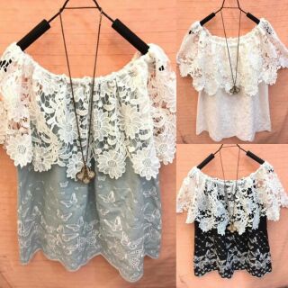 พร้อมส่ง-Offish ผ้าป่านปักลายผีเสื้อสีสันสดใสคะ ช่วงบนติดระบายด้วยลูกไม้ดอกใหญ่