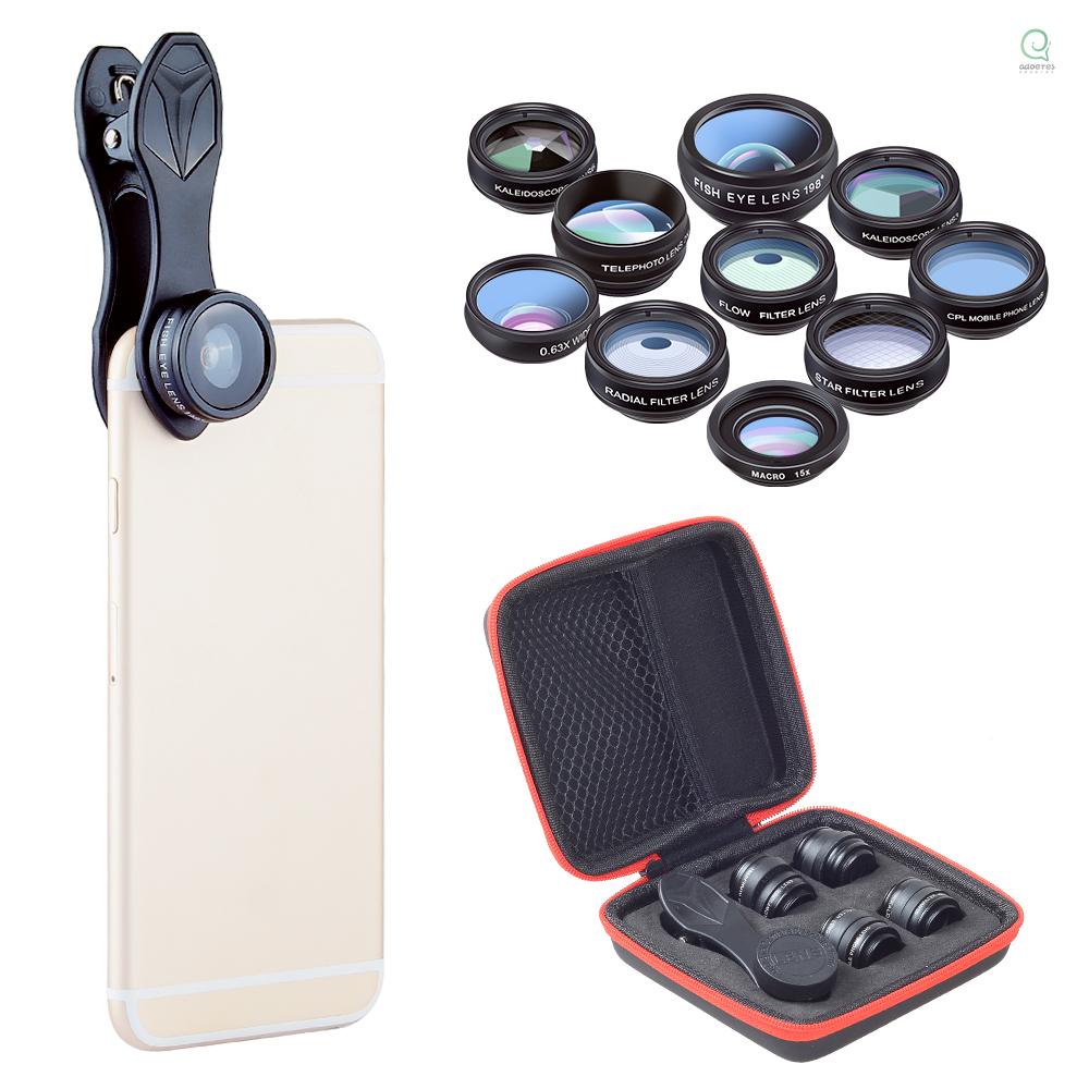 Apexel 10 In 1 ชุดเลนส์กล้องโทรศัพท์ มุมกว้าง 0.63X มาโคร 15X ฟิชอาย 198 เทเลโฟโต้ 2X Cpl ฟิลเตอร์ดาว ฟิลเตอร์เรเดียล ฟิลเตอร์ไหล คาไลโดสโคป 3 คาไลโดสโคป 6 เข้ากันได้กับ Android Iphone