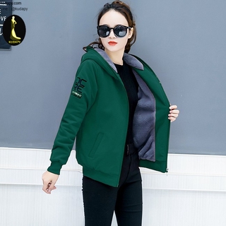 เสื้อกันหนาวผู้หญิง สีเขียว ผ้าฟรีช มีฮู้ด แขนยาว