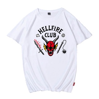 Stranger Things 4 เดียวกันเสื้อยืดผ้าฝ้ายพลัสขนาดหลวม Hellfire Club พิมพ์ผู้ชายแขนสั้นผู้หญิงเกาหลีสไตล์แฟชั่นลำลองคู่เส