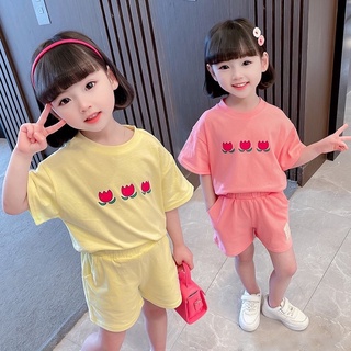 ชุดเด็กขาสั้นลายดอก (พร้อมส่ง) เซท 2ชิ้น ผ้านิ่มๆ