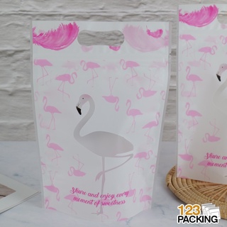 ถุงซิปล็อค ถุงใส่ขนม มีหูหิ้ว มีลาย FLAMINGO ตั้งได้ ขนาด 15.5×23.5ซม. [50 ใบ]