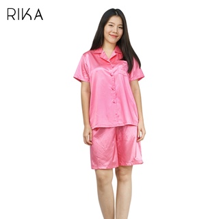 RIKA  FV3020 ชุดนอน ผ้า ซาติน น่ารัก ๆ ผญ เสื้อ+ กางเกง ขาสั้น สไตล์เกาหลี PAJAMA ผ้าซาตินแต่งกุ้นแลป   เสื้อผ้า แฟชั่น