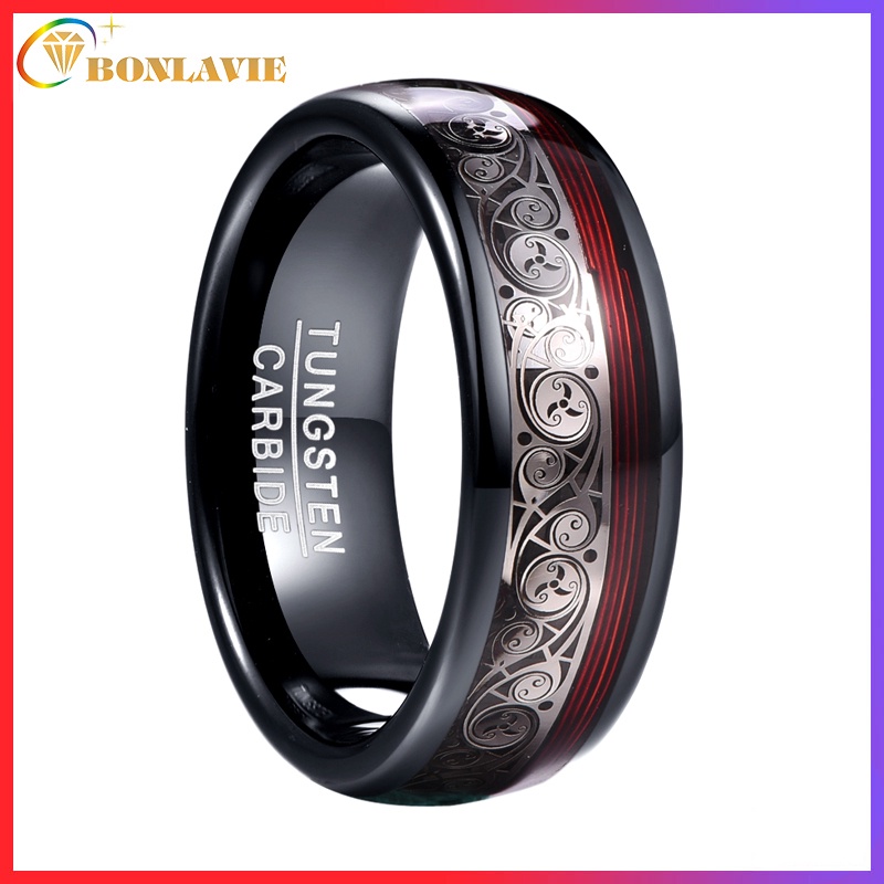 ปรับแต่งคําแกะสลักBonalleVIE กว้าง 8 มม. 100% จริงทังสเตนคาร์ไบด์แหวนชุบสีดํา Inlay Triple เกลียวรูปแบบ + กีตาร์สีแดงแหวนทังสเตนคาร์ไบด์ T229R