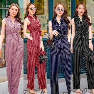 MF17325 Jumpsuit  จั้มสูทผ้าลายริ้ว คอปก ขายาว ทรงแขนกุดติดกระดุมลาย อกมีกระเป๋าหน้า มาพร้อมสายผูกเอว งานสุดหรู ทรงเข้า