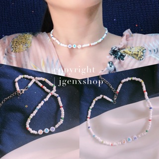 -❄️🌈 Choker สร้อยคอลูกปัดโทนสีขาว+ตัวอักษร A-Z -