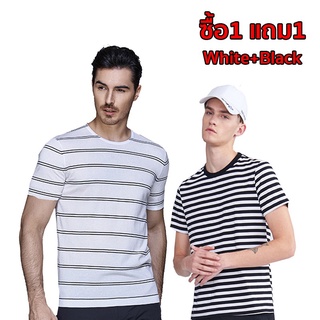 [ซื้อ1แถม1] Caspa เสื้อยืดลายทาง รุ่น - M399T Size S M L XL XXL มี2 Cuttingคุณภาพ