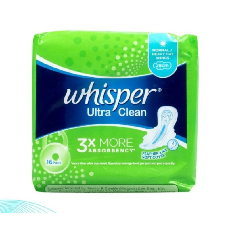 Whisper Ultra Clean 28 cm. ผ้าอนามัย วิสเปอร์ อัลตร้า คลีน 16 ชิ้น (แบบมีปีก)