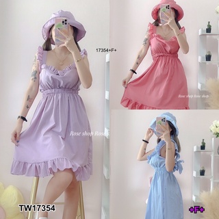 17354 Dress เดรสไหล่ระบาย ผูกโบว์หลัง + หมวกบัคเก็ต Ruffled shoulder dress, bow tie at back + bucket hat