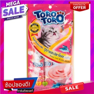 โทโรโทโร่ขนมครีมแมวเลียปลาทูน่าผสมปลาโออบแห้ง 15กรัม แพค 4 Torotoro Cat Licking Tuna and Dried Fish Snack 15g. Pack 4