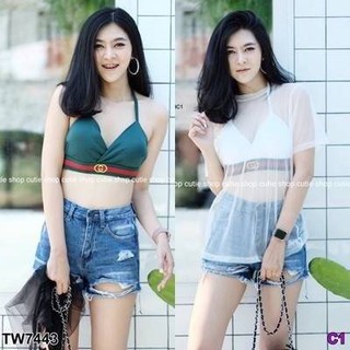 บีกีนี่ 2 ชิ้น บราผูกคอ+เสื้อคลุมตาข่าย