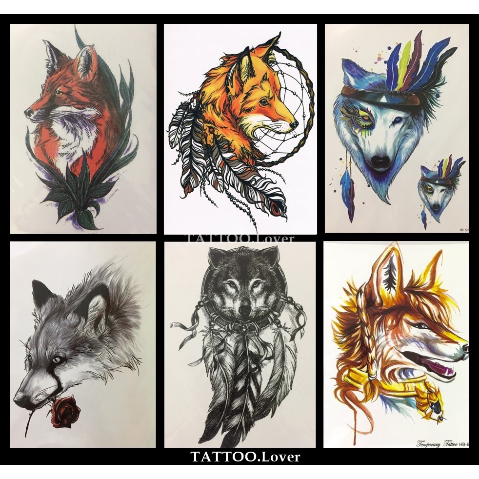 แทททูลายหมาป่า/สุนัขจิ้งจอก🐺สวยเหมือนสักจริง🦊Tattoo Sticker สติ๊กเกอร์รอยสักปลอมชั่วคราวกันน้ำได้ ⭐️