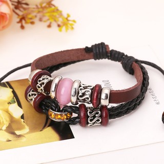 FulluStyle สร้อยข้อมือหนัง สายรัดข้อมือหนังแฟชั่น หนังแท้ ลายลูกปัดPink Made in korea (สีน้ำตาล)