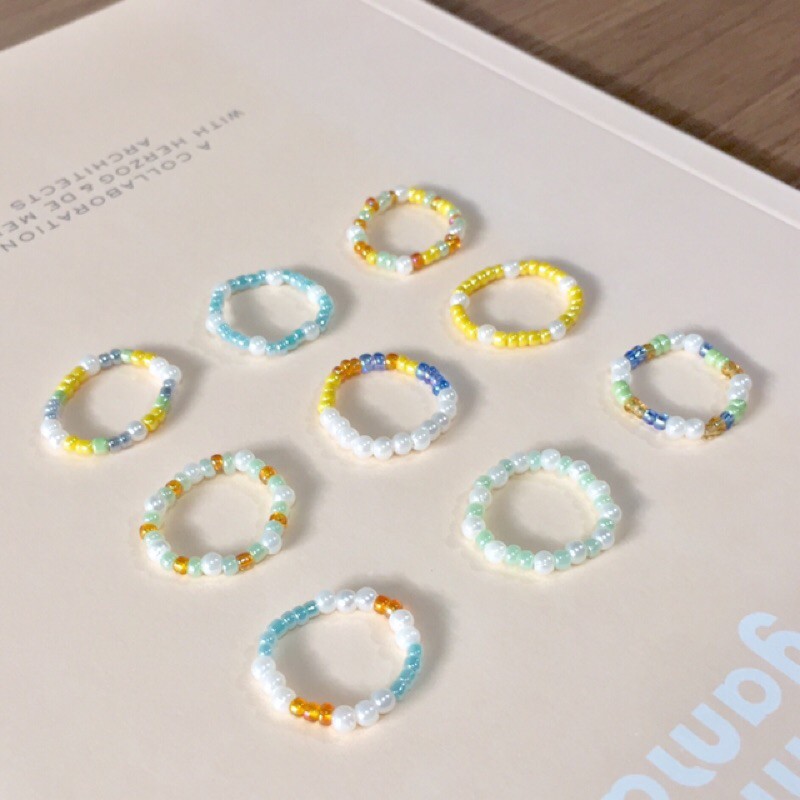 แหวนลูกปัด🏖 โทนสีอ่อน น่ารัก เอ็นยืด mix&match ได้ Cute Colorful Bead Elastic Ring Light Color