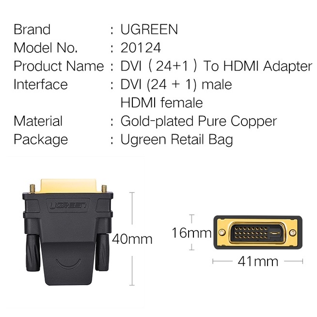 Ugreen HDMI 24 + 1 อะแดปเตอร์ 1080P HDTV DVI เชื่อมต่อ