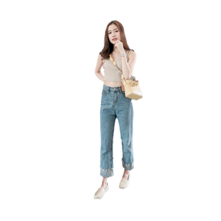 newcuteshop - กางเกงยีนส์เอวสูงพับขา " Cylinder jeans " (#NCSJEANS046/ 047/ 063)