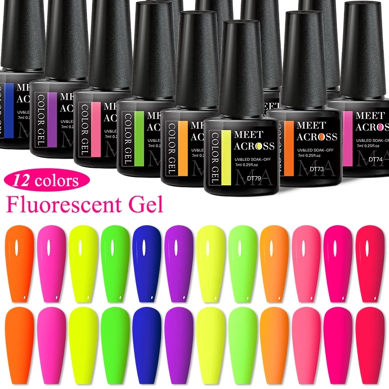 MEET ACROSS 7ml นีออนเรืองแสง เจลเล็บเคลือบเงาเคล็ดลับ กึ่งถาวร โซคอฟ ยูวี เอเลดี