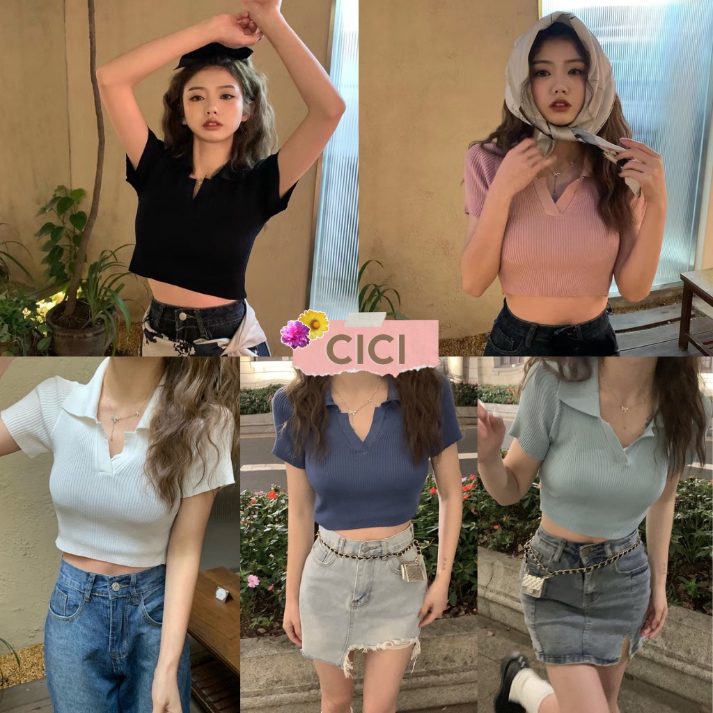 Cici(NO.3238)เสื้อไหมพรมแขนสั้นคอวี ผ้าร่องเล็ก สุดเก๋ยืดยืดได้เยอะ แต่งด้วยปกเหมือนเสื้อโปโลสไตล์เกาหลี