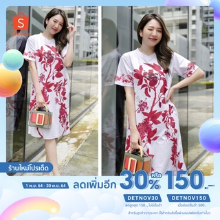 เหลือ 𝟮𝟱𝟵 ฿ ใส่โค้ด 𝗗𝗘𝗧𝗡𝗢𝗩𝟯𝟬 - เดรส เดรสคอวีแขนสั้นพิมพ์ลายดอกไม้สีแดง KutieKloset K-3834