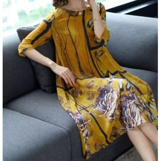 Lady dress Printing style-Mulberry silk ชุดเดรสสตรี พิมพ์ลาย สีเหลือง